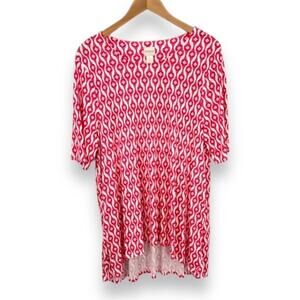 Chico’s blouse XL red white geometric print high low hem short sleeve tunic top